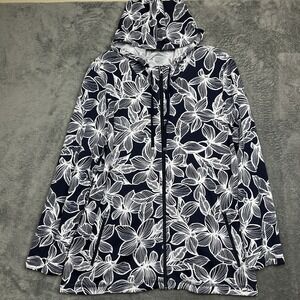 T‎ by Talbots Hoodie Jacket Top Women's Petite Large Blue White Floral Zip Up